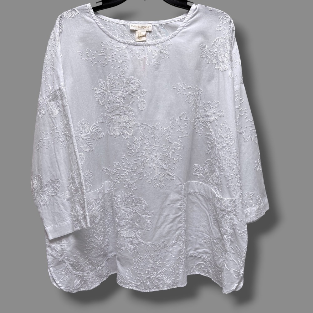 Cynthia Rowley White Floral Embroidered Cotton Blouse 3/4 Sleeve Plus Size 1X